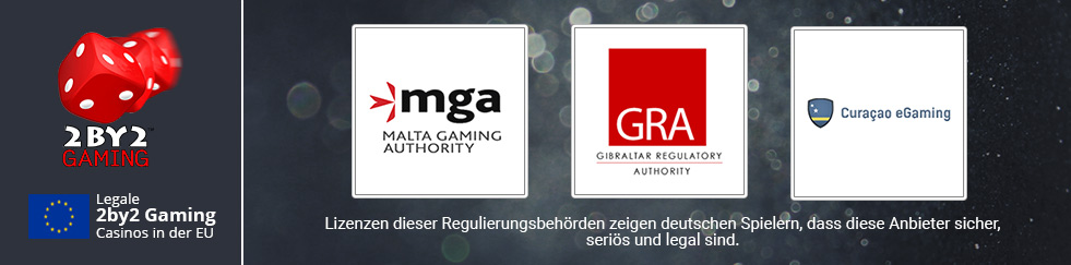 Das Logo des Herstellers 2by2 Gaming und Logos der Regulierungsbehörden die deutschen Lizenzen erteilen.
