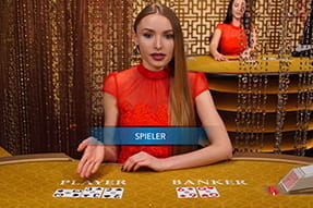 Zu sehen ist eine Live Dealerin an einem Baccarattisch. Das beliebte Casinospiel kann auch bei sunnyplayer gespielt werden.