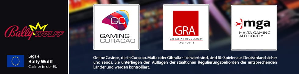 Unter der EU-Flagge befindet sich das Logo des Herstellers Bally Wulff sowie die Logos der Regulierungsbehörden von Malta, Gibraltar und Curacao.