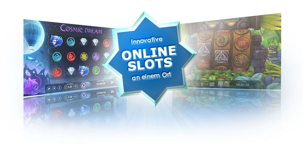 Der Ablauf der BF Games Spielautomaten Cosmic Dream und Aztec Adventure und in der Mitte der Schriftzug: Innovative Online Slots an einem Ort.