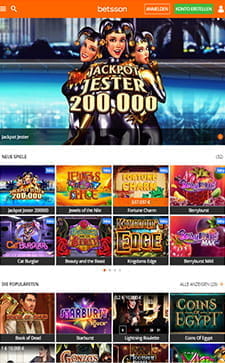 Das Bild zeigt die Spielauswahl im Betsson Online Casino auf einem Handy.