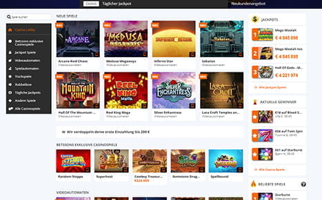 Betsson Casino Vorschau Spielauswahl.