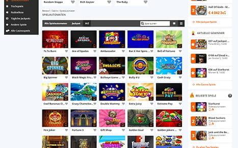 Die Überblicksseite mit den Slots im Betsson Casino.