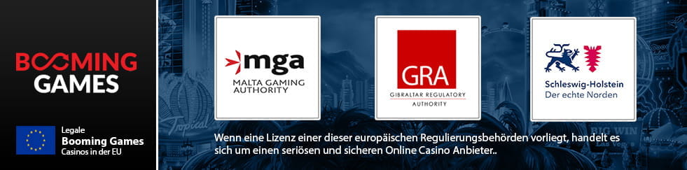 Die Lizenzen der Booming Games Casinos und die Logos der Regulierungsbehörden wie der Malta Gaming Authority.