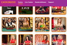 Blick auf die Live Dealer Spiele Auswahl im Cashi Mashi Casino.