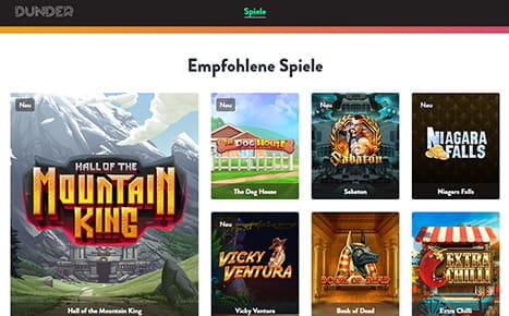 Dunder Casino Spielauswahl Vorschau.