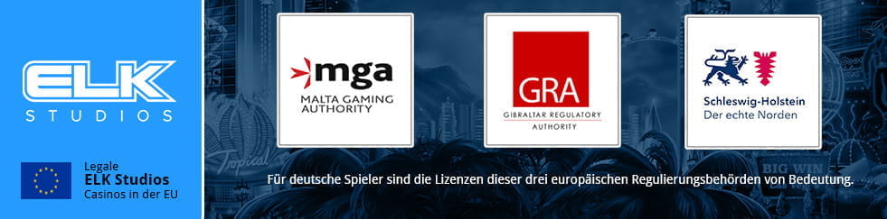 Infografik mit den drei wichtigsten europäischen Glücksspiel Regulierungsbehörden: MGA, GRA, Innenministeriuem Schleswig-Holstein.