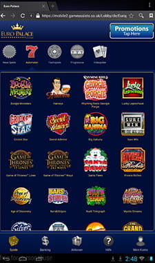 Spielauswahl EuroPalace App Lobby
