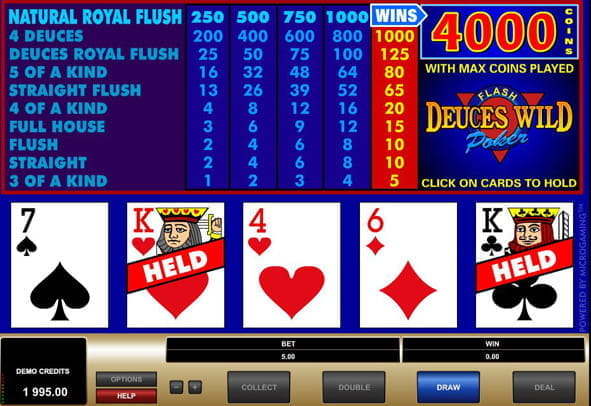 Vorschaubild zu der kostenlosen Version von Flash Deuces Wild Video Poker, die durch einen Klick auf das Bild gestartet werden kann