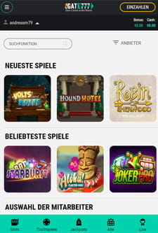 Das Bild zeigt die mobile Spieleauswahl im Gate777 Online Casino.