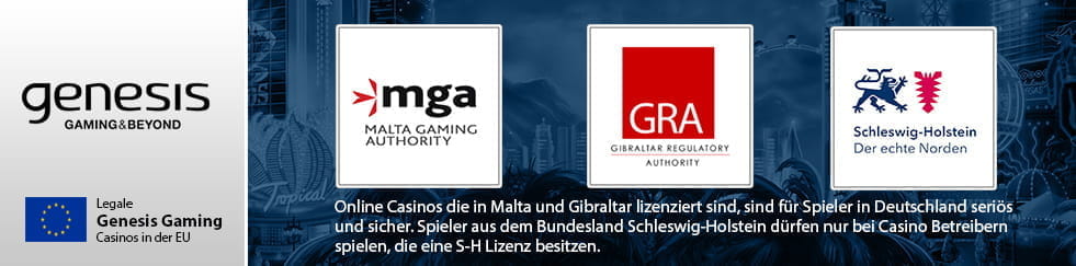 Die Logos der europäischen Glücksspielbehörden Malta Gaming Authority (MGA), Gibraltar Regulatory Authority (GRA) und des Landes Schleswig-Holstein.