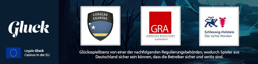 Das Logo des Hersteller Gluck Games mit der Flagge der Europäischen Union und Logos der Regulierungsbehörden von Gibraltar, Curaçao und Schleswig-Holstein.