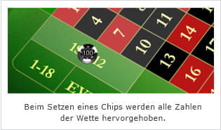 Beim Roulette werden alle Zahlen für die jeweilige Wette hervorgehoben
