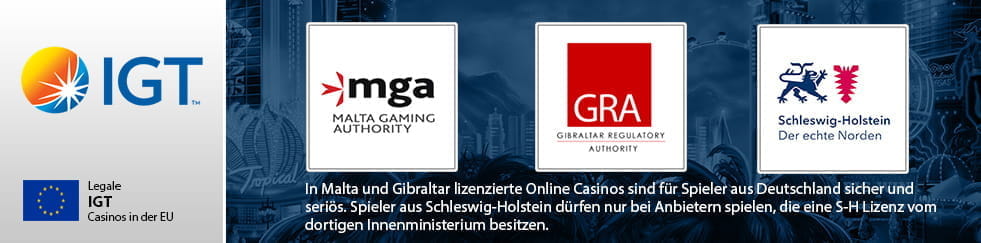 Die Logos der europäischen Regulierungsbehörden MGA, GRA und des Landes Schleswig-Holstein, die für die deutschen Online Casinos die Lizenzen ausstellen.