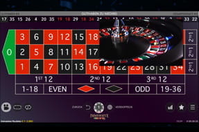 Zu sehen ist das Roulette Tableau mit einem Live Video Fenster, welches hin und her geschoben werden kann.