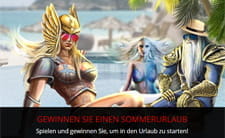 Das Bild zeigt Figuren aus der Slot-Welt am Strand und wirbt damit für eine Bonusaktion mit Reisegutschein als Hauptgewinn.