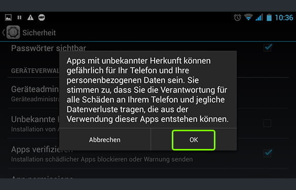 Aus Sicherheitsgründen solltet ihr diese Option nach Installation der apk.Datei wieder deaktivieren