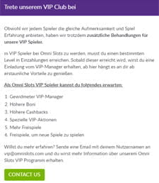 Zu sehen ist die Informationsseite zum VIP Club des Omni Slots Casinos.