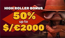 Das Bild zeigt die Eckdaten des High Roller Bonus: zahlt mindestens 1.000€ ein und bekommt 50% obendrauf bis zu 2.000€.