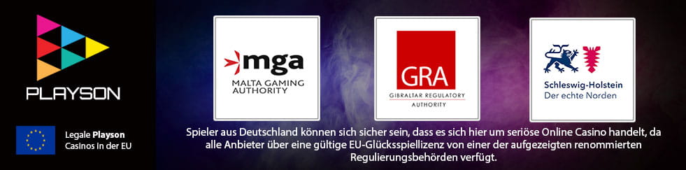 Das Playson Logo und die Logos der europäischen Glücksspielbehörden, deren Lizenzen auch für Deutschland gelten.