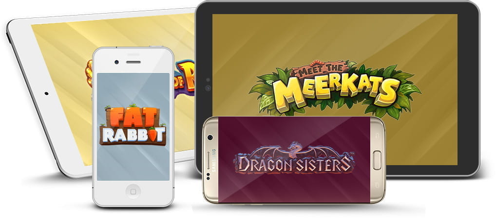 Die Bildschirme des Smartphones und des Tablets zeigen eine Auswahl an Push Gaming Spielen.