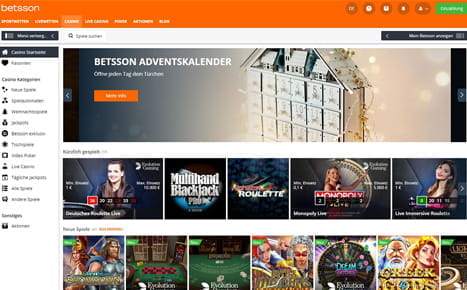 Die Startseite im Betsson Casino.