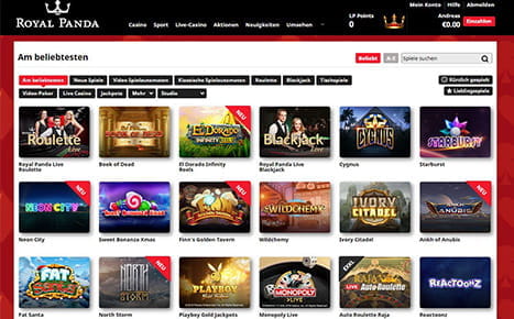Die Startseite im Royal Panda Casino.