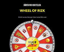 Zu sehen ist das Wheel of Rizk Glücksrad, bei dem umsatzfreie Prämien und andere Sofortgewinne freigespielt werden können.