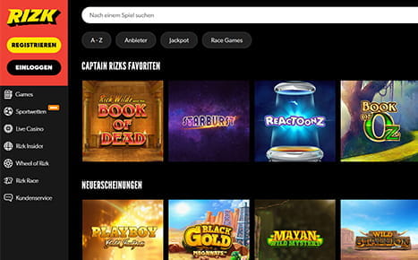 Die Webseite des Online Casinos Rizk.