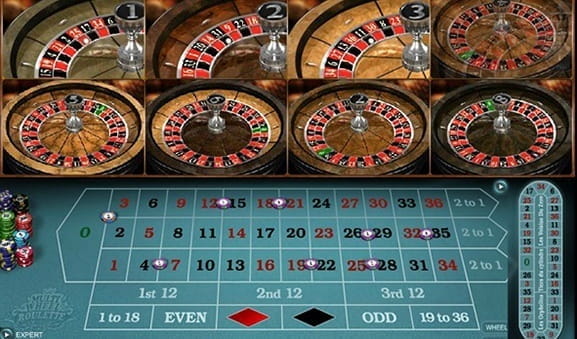 Das Bild zeigt eine Szene auf einem Multi Wheel Roulette Tisch. Drei Kessel stehen bereits fest, der Spieler hat noch nichts gewonnen.