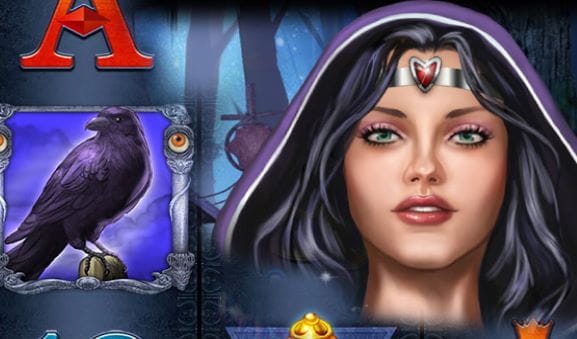 Eine weibliche Spielfigur aus dem Slot Ancient Magic und neben ihr ein Rabe.