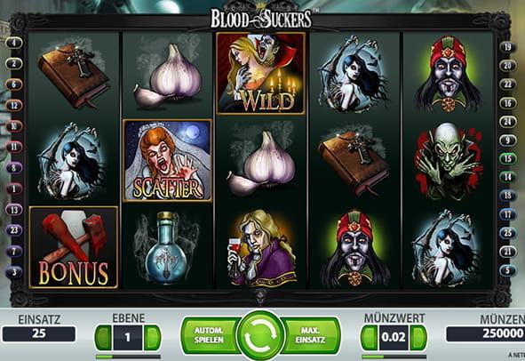 Der Startbildschirm des Blood Suckers Slots, den ihr hier kostenlos spielen könnt. 