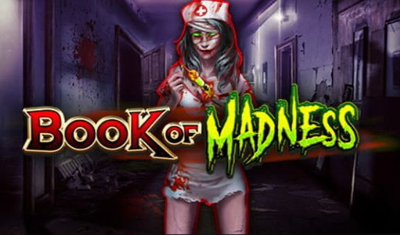 Der Schriftzug Book of Madness und im Hintergrund eine Zombie-Krankenschwester.