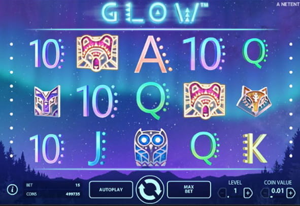 Der Startbildschirm des Glow Slots den ihr hier kostenlos spielen könnt.