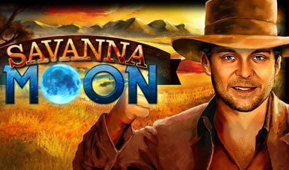 Das Logo des Spiels Savanna Moon neben einer männlichen Spielfigur.