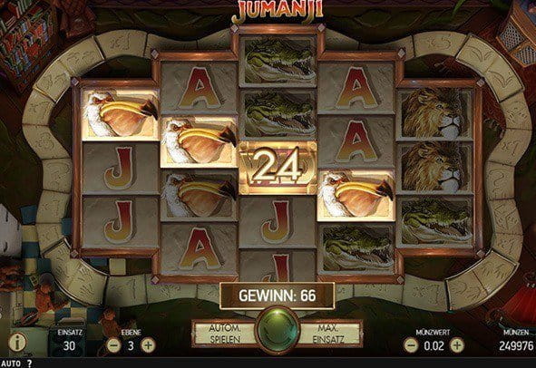 Die Bedienoberfläche des Spielautomaten Jumanji Slot mit fünf Rollen, die geometrisch ausgerichtet sind. Die Walzen haben von links nach rechts 3, 4, 5, 4, 3 Reihen.