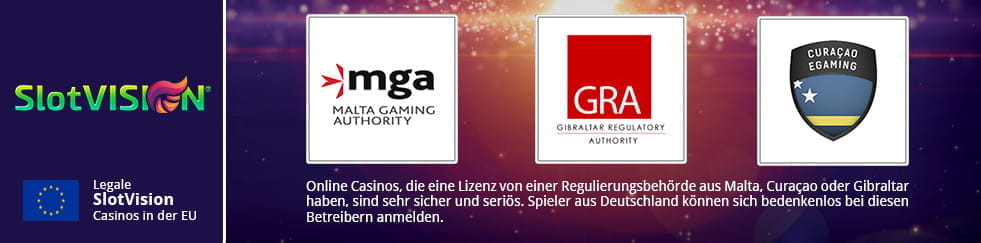 Das Logo des Herstellers SlotVision über eine Flagge der europäischen Union. Über der Grafik befinden sich die Logos der Regulierungsbehörden von Malta, Gibraltar und Curaçao.