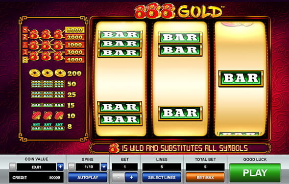 Der Spielautomat 888 Gold von den Pragmatic Play mit einem RTP-Wert von 97,52%.