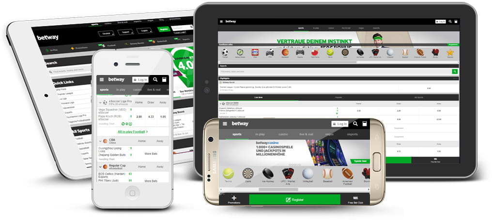 Mehrere mobile Endgeräte mit der Webseite von Betway.