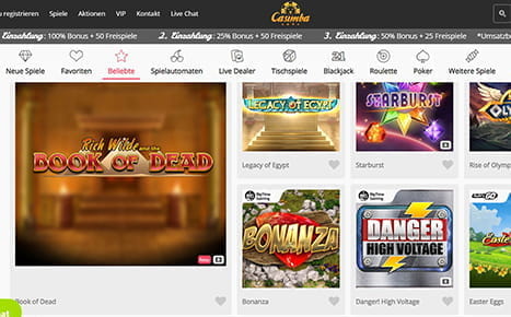 Die Spielauswahl des Online Casinos Casimba.