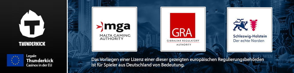 Die Logos von drei bekannten Regulierungsbehörden, der Malta Gaming Authority, der Gibraltar Regulatory Authority und der Lizenzierungsbehörde von Schleswig-Holstein.