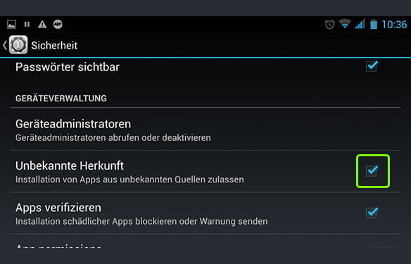 Aktiviert die Zulassung der Installation von Apps aus unbekannten Quellen