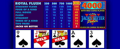 Ein Video Poker Spiel mit ausgeteilten Karten.