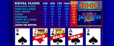 Ein Video Poker Spielfeld, bei dem 3 Karten zum Halten markiert sind.