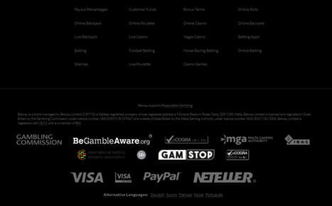 Der untere Bereich der Webseite eines Echtgeld mobile Casinos mit Angaben zur Sicherheit, Zahlungsmethoden und Lizenz.